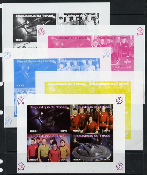 Chad 2013 Star Trek #4 sheetlet containing 4 vals - the set of 5 imperf progressive colour proofs comprising the 4 basic colours plus all 4-colour composite unmounted mint.