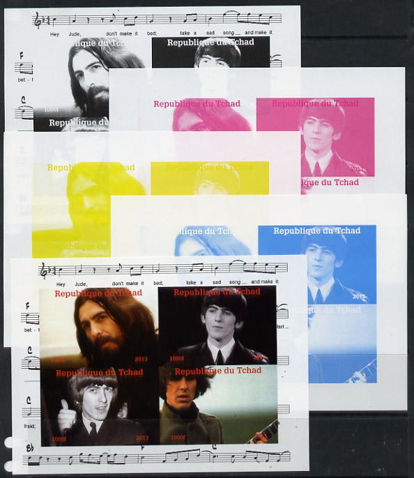 Chad 2013 The Beatles - George Harrison sheetlet containing 4 vals - the set of 5 imperf progressive colour proofs comprising the 4 basic colours plus all 4-colour composite unmounted mint.