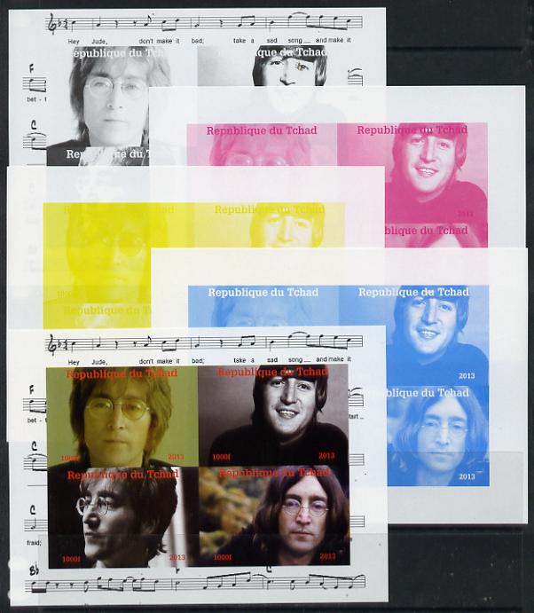 Chad 2013 The Beatles - John Lennon sheetlet containing 4 vals - the set of 5 imperf progressive colour proofs comprising the 4 basic colours plus all 4-colour composite unmounted mint.