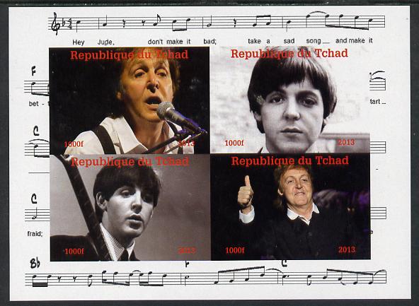 Chad 2013 The Beatles - Paul McCartney imperf sheetlet containing 4 vals unmounted mint. Note this item is privately produced and is offered purely on its thematic appeal.