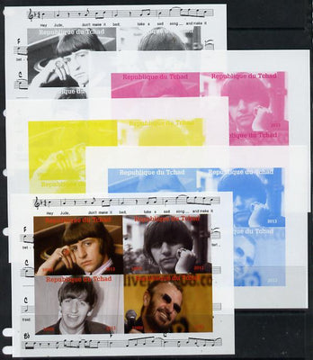 Chad 2013 The Beatles - Ringo Starr sheetlet containing 4 vals - the set of 5 imperf progressive colour proofs comprising the 4 basic colours plus all 4-colour composite unmounted mint.