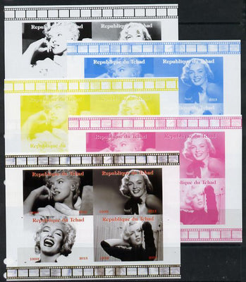 Chad 2013 Marilyn Monroe #1 sheetlet containing 4 vals - the set of 5 imperf progressive colour proofs comprising the 4 basic colours plus all 4-colour composite unmounted mint.