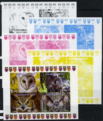Chad 2013 Birds - Owls #1,sheetlet containing 4 vals - the set of 5 imperf progressive colour proofs comprising the 4 basic colours plus all 4-colour composite unmounted mint.