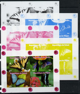 Chad 2013 Butterflies #05 sheetlet containing 4 vals - the set of 5 imperf progressive colour proofs comprising the 4 basic colours plus all 4-colour composite unmounted mint.