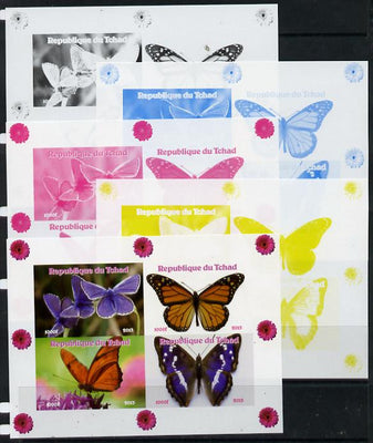 Chad 2013 Butterflies #06 sheetlet containing 4 vals - the set of 5 imperf progressive colour proofs comprising the 4 basic colours plus all 4-colour composite unmounted mint.