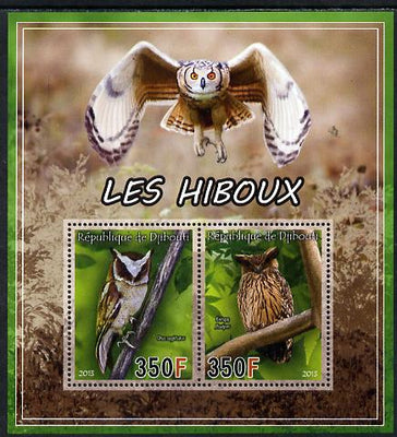 Djibouti 2013 Owls #2 perf sheetlet containing 2 values unmounted mint