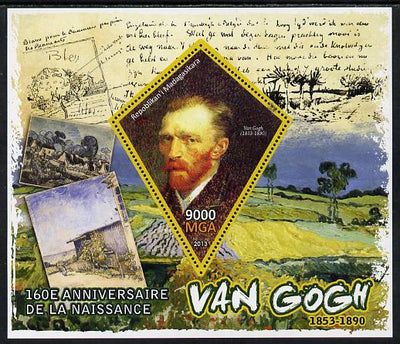 Madagascar 2013 160th Birth Anniversary of Vincent Van Gogh perf deluxe sheet containing one diamond shaped value unmounted mint