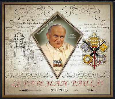 Madagascar 2013 Pope John Paul II perf deluxe sheet containing one diamond shaped value unmounted mint