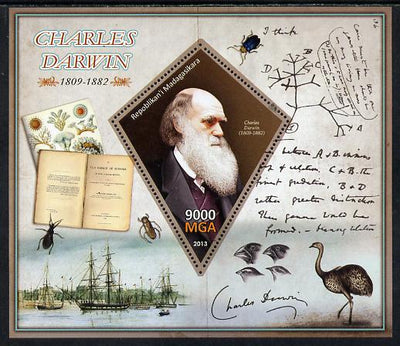 Madagascar 2013 Charles Darwin perf deluxe sheet containing one diamond shaped value unmounted mint