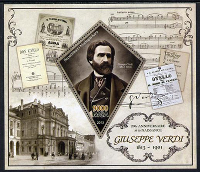 Madagascar 2013 200th Birth Anniversary of Giuseppe Verdi perf deluxe sheet containing one diamond shaped value unmounted mint