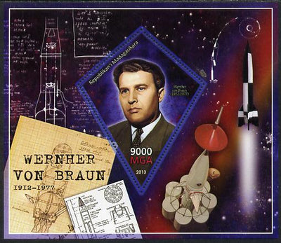 Madagascar 2013 Wernher von Braun (rocket engineer) perf deluxe sheet containing one diamond shaped value unmounted mint