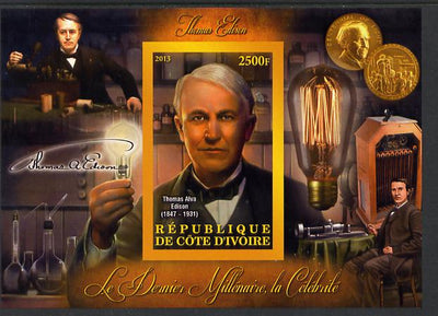 Ivory Coast 2013 Celebrities of the last Millennium - Thomas Edison imperf deluxe sheet containing one rectangular value unmounted mint