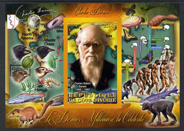 Ivory Coast 2013 Celebrities of the last Millennium - Charles Darwin imperf deluxe sheet containing one rectangular value unmounted mint