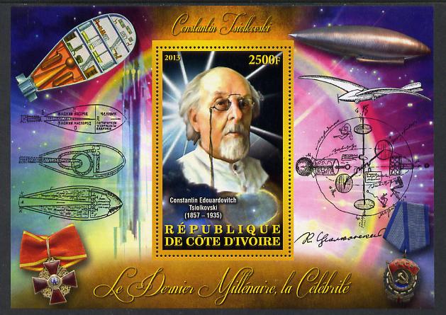 Ivory Coast 2013 Celebrities of the last Millennium - Konstantin Tsiolkovsky (rocket engineer) perf deluxe sheet containing one rectangular value unmounted mint