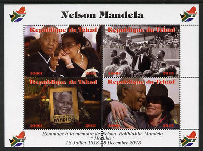 Chad 2013 Nelson Mandela #1 perf sheetlet containing four values unmounted mint. Note this item is privately produced and is offered purely on its thematic appeal. with Map shaped Flag of South Africa in border