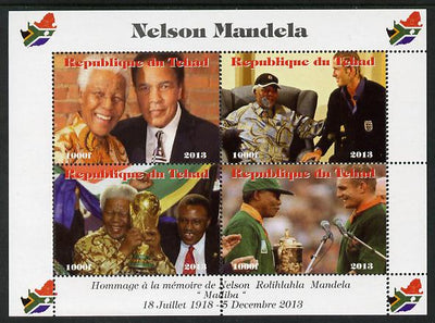 Chad 2013 Nelson Mandela #2 perf sheetlet containing four values unmounted mint. Note this item is privately produced and is offered purely on its thematic appeal. with Map shaped Flag of South Africa in border