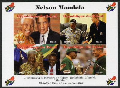 Chad 2013 Nelson Mandela #2 imperf sheetlet containing four values unmounted mint. Note this item is privately produced and is offered purely on its thematic appeal. with Map shaped Flag of South Africa in border