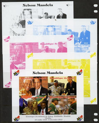 Chad 2013 Nelson Mandela #2 sheetlet containing four values - the set of 5 imperf progressive colour proofs comprising the 4 basic colours plus all 4-colour composite unmounted mint. with Map shaped Flag of South Africa in border