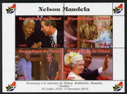 Chad 2013 Nelson Mandela #3 perf sheetlet containing four values unmounted mint. Note this item is privately produced and is offered purely on its thematic appeal. with Map shaped Flag of South Africa in border