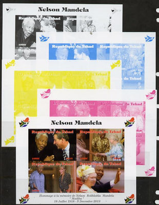 Chad 2013 Nelson Mandela #3 sheetlet containing four values - the set of 5 imperf progressive colour proofs comprising the 4 basic colours plus all 4-colour composite unmounted mint. with Map shaped Flag of South Africa in border