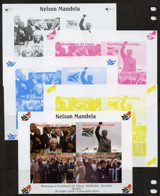 Congo 2013 Nelson Mandela #1 sheetlet containing four values - the set of 5 imperf progressive colour proofs comprising the 4 basic colours plus all 4-colour composite unmounted mint with Map shaped Flag of South Africa in border