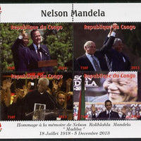Congo 2013 Nelson Mandela #2 perf sheetlet containing four values unmounted mint. Note this item is privately produced and is offered purely on its thematic appeal with Map shaped Flag of South Africa in border