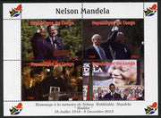 Congo 2013 Nelson Mandela #2 perf sheetlet containing four values unmounted mint. Note this item is privately produced and is offered purely on its thematic appeal with Map shaped Flag of South Africa in border