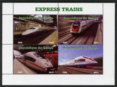 Congo 2013 Express Trains #1 perf sheetlet containing four values unmounted mint. Note this item is privately produced and is offered purely on its thematic appeal