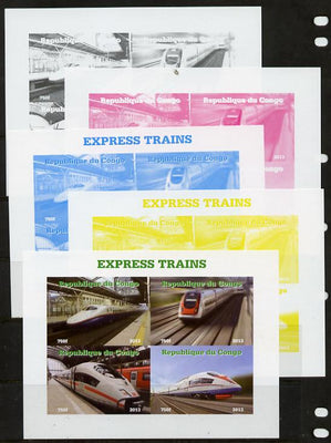 Congo 2013 Express Trains #1 sheetlet containing four values - the set of 5 imperf progressive colour proofs comprising the 4 basic colours plus all 4-colour composite unmounted mint