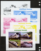 Congo 2013 Express Trains #2 sheetlet containing four values - the set of 5 imperf progressive colour proofs comprising the 4 basic colours plus all 4-colour composite unmounted mint