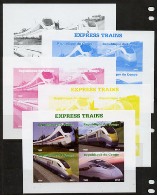 Congo 2013 Express Trains #2 sheetlet containing four values - the set of 5 imperf progressive colour proofs comprising the 4 basic colours plus all 4-colour composite unmounted mint