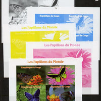Congo 2013 Butterflies of the World #1 sheetlet containing four values - the set of 5 imperf progressive colour proofs comprising the 4 basic colours plus all 4-colour composite unmounted mint