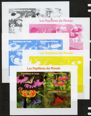 Congo 2013 Butterflies of the World #2 sheetlet containing four values - the set of 5 imperf progressive colour proofs comprising the 4 basic colours plus all 4-colour composite unmounted mint