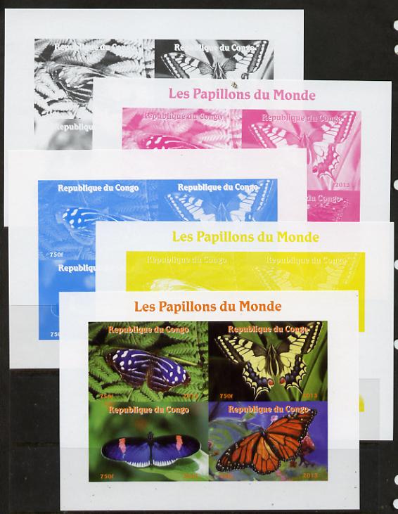 Congo 2013 Butterflies of the World #3 sheetlet containing four values - the set of 5 imperf progressive colour proofs comprising the 4 basic colours plus all 4-colour composite unmounted mint