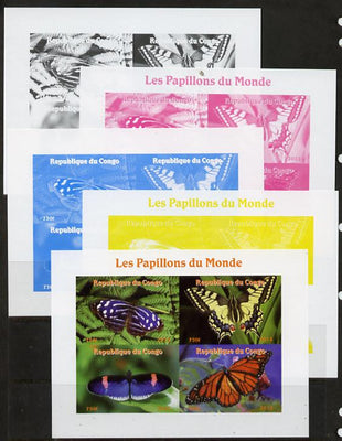 Congo 2013 Butterflies of the World #3 sheetlet containing four values - the set of 5 imperf progressive colour proofs comprising the 4 basic colours plus all 4-colour composite unmounted mint