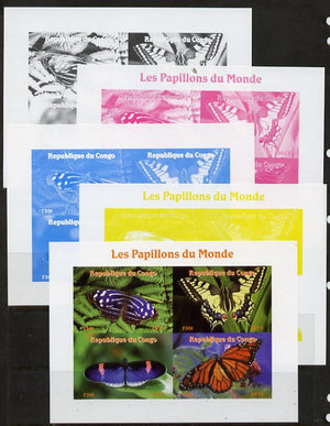Congo 2013 Butterflies of the World #3 sheetlet containing four values - the set of 5 imperf progressive colour proofs comprising the 4 basic colours plus all 4-colour composite unmounted mint