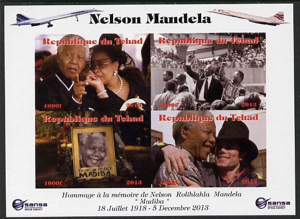 Chad 2013 Nelson Mandela #4 imperf sheetlet containing four values unmounted mint. Note this item is privately produced and is offered purely on its thematic appeal. with Concorde in border