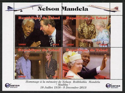 Chad 2013 Nelson Mandela #6 perf sheetlet containing four values unmounted mint. Note this item is privately produced and is offered purely on its thematic appeal. with Concorde in border