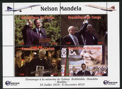 Congo 2013 Nelson Mandela #5 perf sheetlet containing four values with Concorde in border unmounted mint. Note this item is privately produced and is offered purely on its thematic appeal.