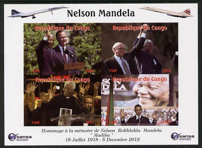 Congo 2013 Nelson Mandela #5 imperf sheetlet containing four values with Concorde in border unmounted mint. Note this item is privately produced and is offered purely on its thematic appeal.