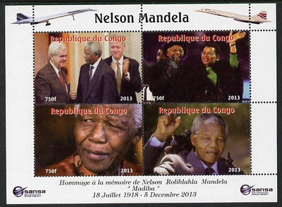 Congo 2013 Nelson Mandela #6 perf sheetlet containing four values with Concorde in border unmounted mint. Note this item is privately produced and is offered purely on its thematic appeal.
