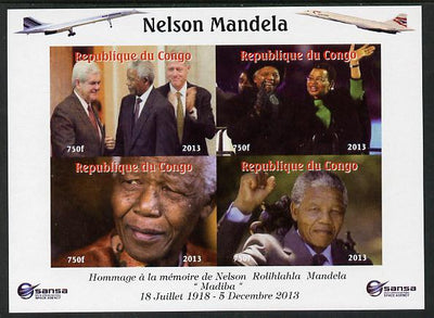 Congo 2013 Nelson Mandela #6 imperf sheetlet containing four values with Concorde in border unmounted mint. Note this item is privately produced and is offered purely on its thematic appeal.