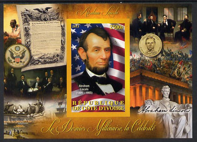 Ivory Coast 2013 Celebrities of the last Millennium - Abraham Lincoln imperf deluxe sheet containing one rectangular value unmounted mint