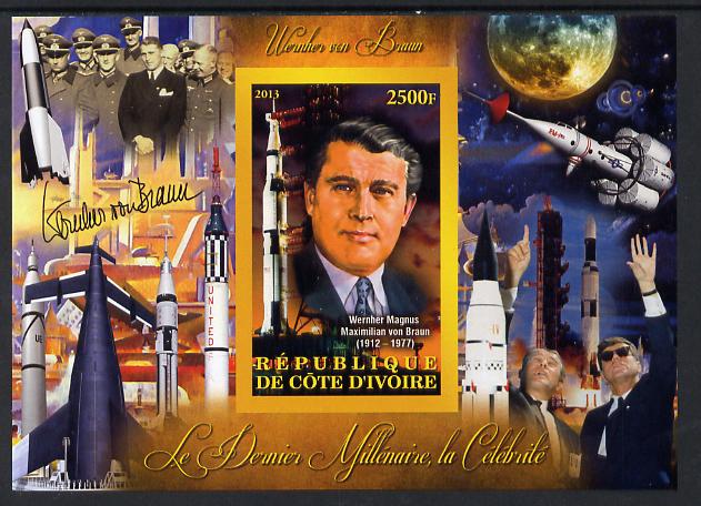 Ivory Coast 2013 Celebrities of the last Millennium - Wernher von Braun (rocket engineer) imperf deluxe sheet containing one rectangular value unmounted mint