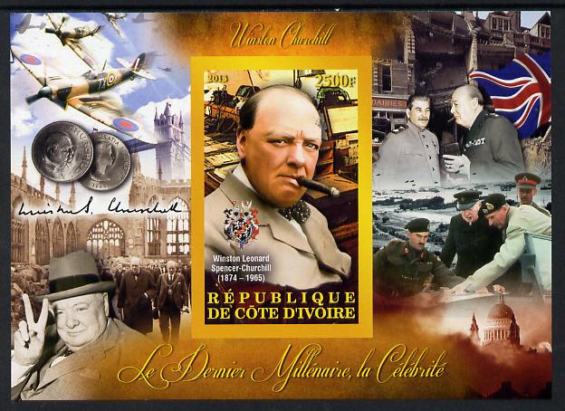Ivory Coast 2013 Celebrities of the last Millennium - Winston Churchill imperf deluxe sheet containing one rectangular value unmounted mint