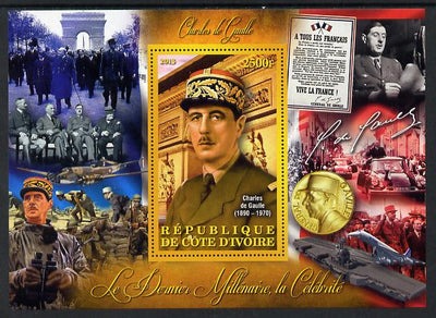 Ivory Coast 2013 Celebrities of the last Millennium - Charles de Gaulle perf deluxe sheet containing one rectangular value unmounted mint