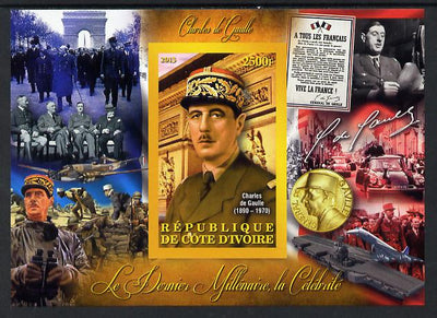 Ivory Coast 2013 Celebrities of the last Millennium - Charles de Gaulle imperf deluxe sheet containing one rectangular value unmounted mint