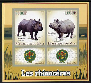 Mali 2013 Rhinos imperf sheetlet containing two values & two labels showing Scouts Badge unmounted mint