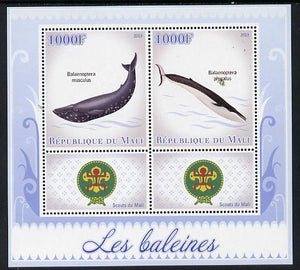 Mali 2013 Whales perf sheetlet containing two values & two labels showing Scouts Badge unmounted mint