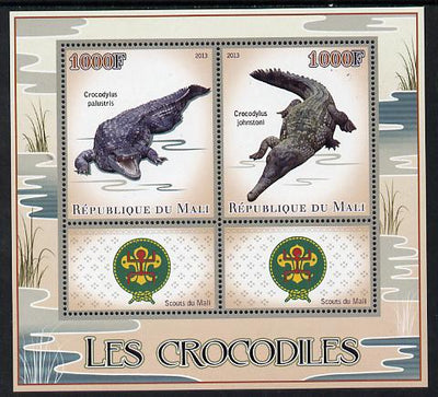 Mali 2013 Crocodiles perf sheetlet containing two values & two labels showing Scouts Badge unmounted mint